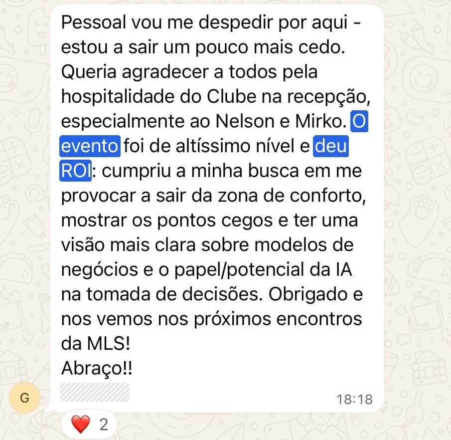 Mensagem de participante sobre a experiência no encontro NovaIA.