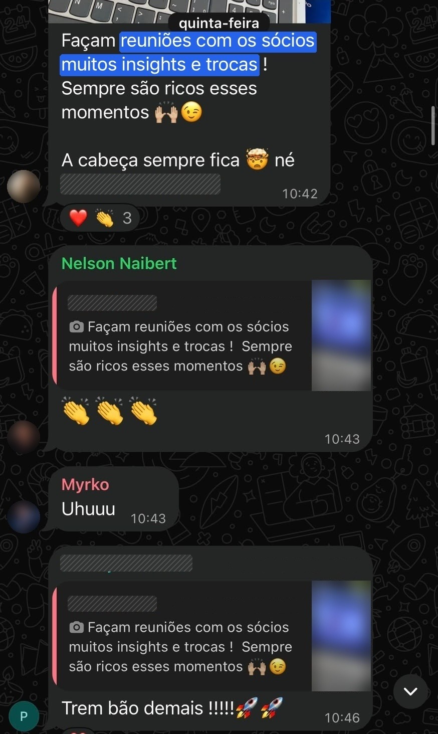 Relato sobre insights e trocas entre sócios durante o encontro.